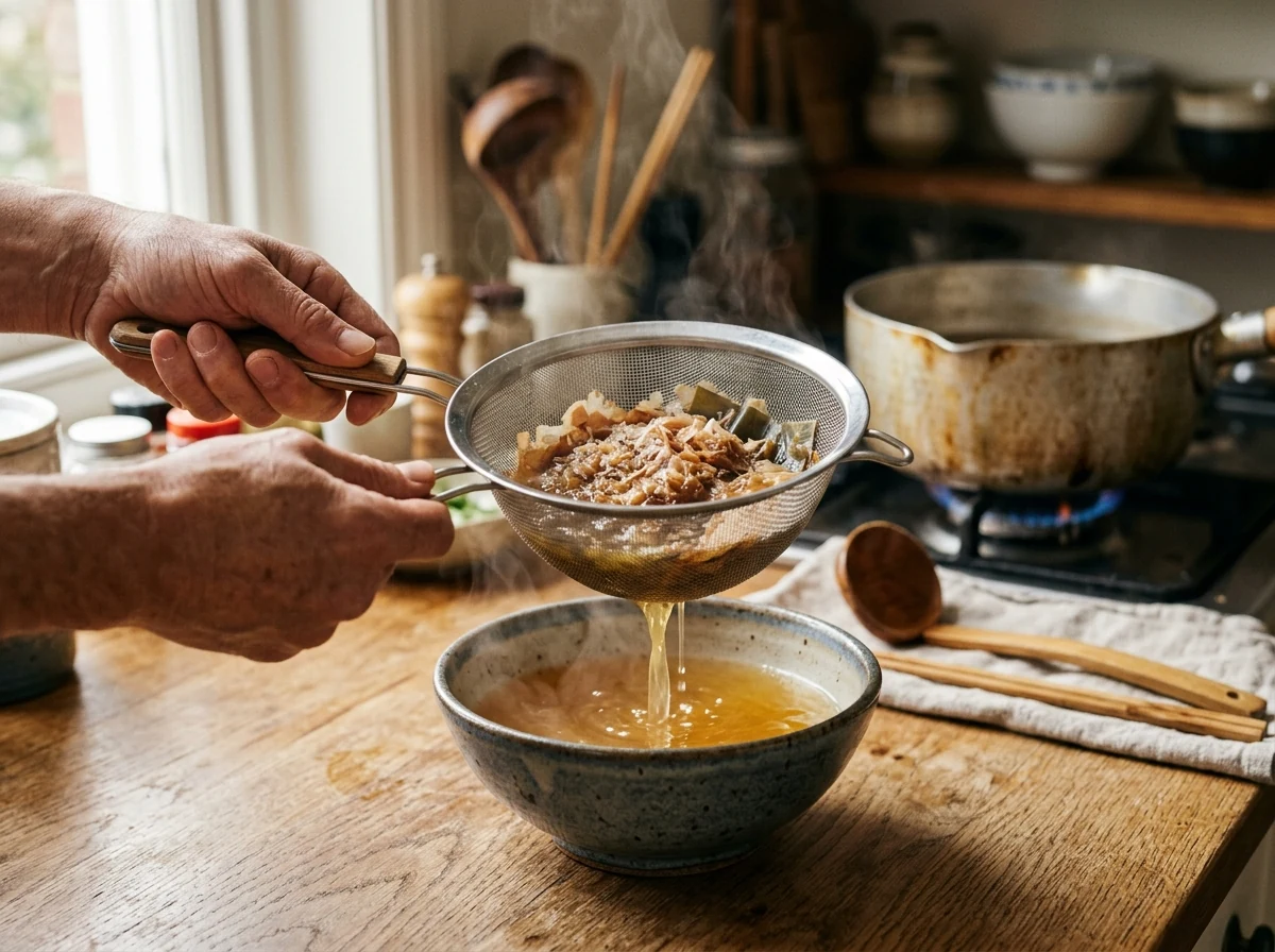Goldene Dashi-Brühe wird durch ein Sieb in eine Schüssel gegossen, Bonito-Flocken bleiben zurück.