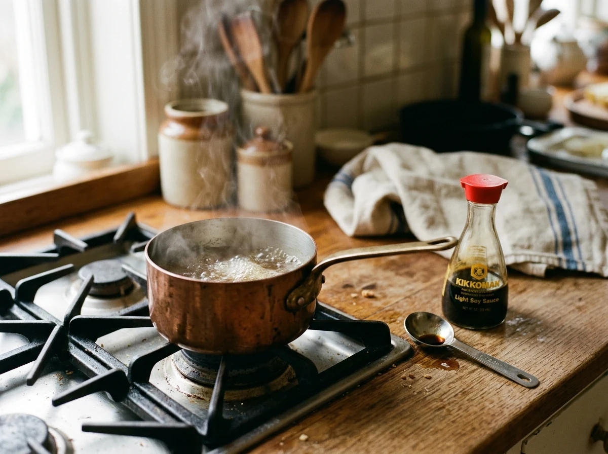 Mirin und Sake köcheln in einem kleinen Topf, daneben die helle Sojasauce.
