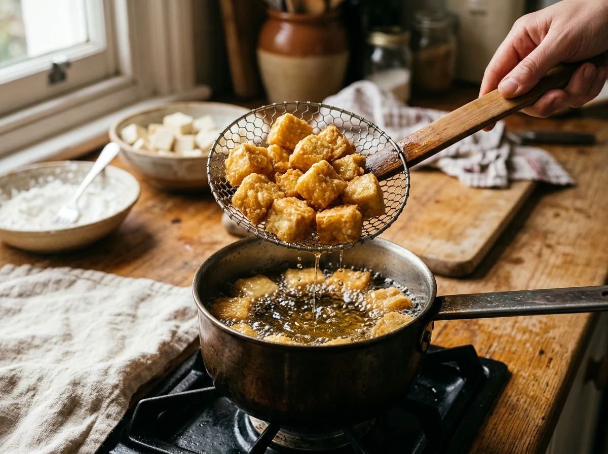 Tofu-Würfel mit goldbraunem Stärkemantel werden mit einer Schaumkelle aus dem heißen Öl gehoben.