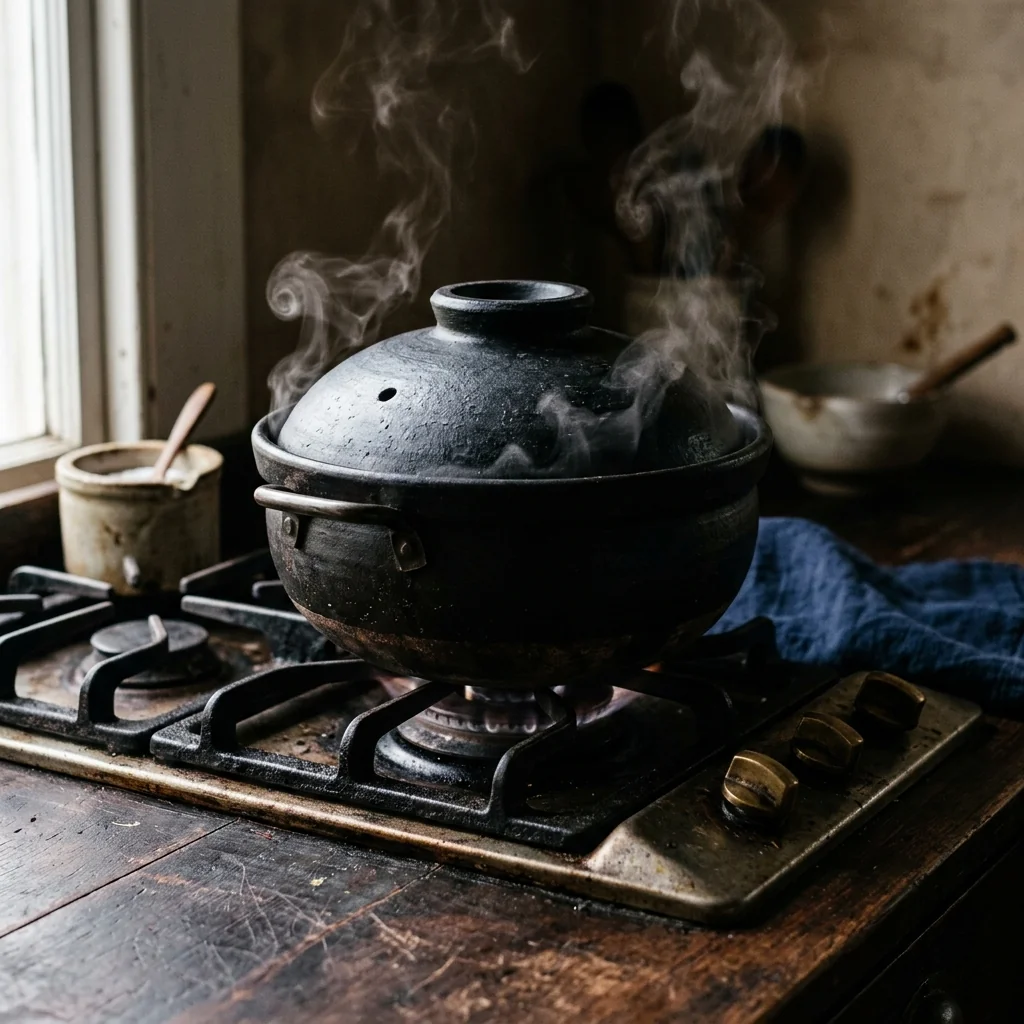 Sushi-Reis köchelt im verdeckten schweren Topf, Dampf dringt am Rand heraus.