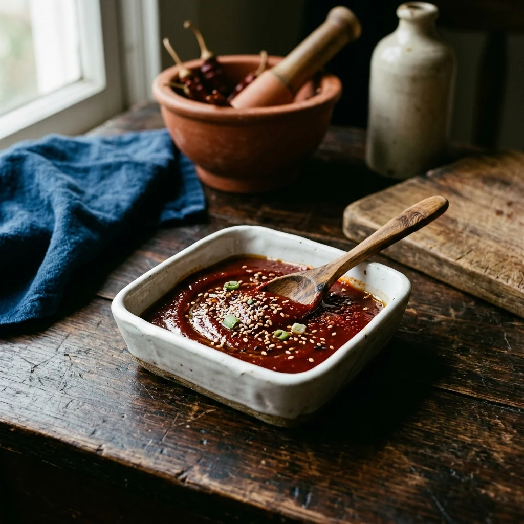 Gochujang-Sauce in einer kleinen Keramikschale, glatt gerührt mit Sesamöl-Glanz.