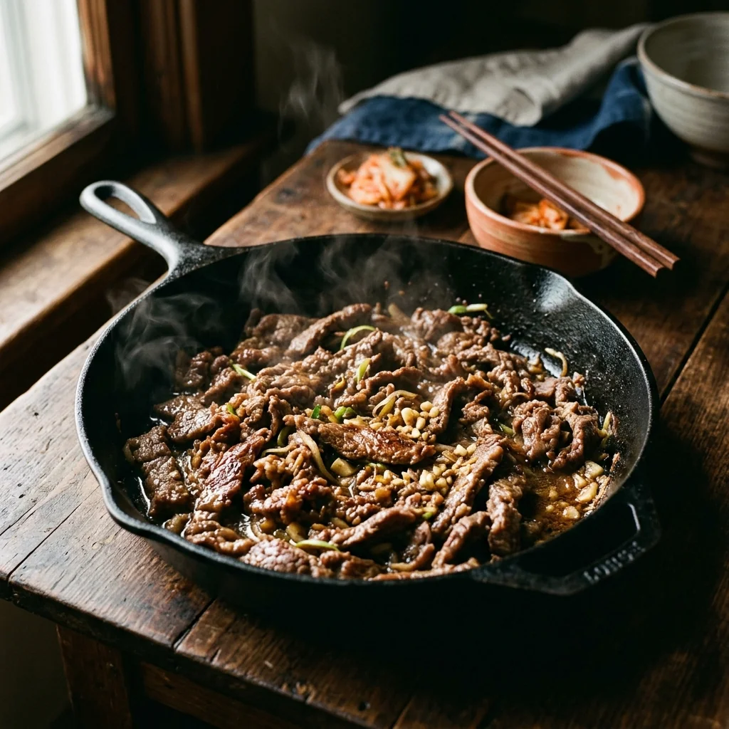 Dünne Rindfleischstreifen sizzlen in einer schwarzen Eisenpfanne, leicht karamellisiert.