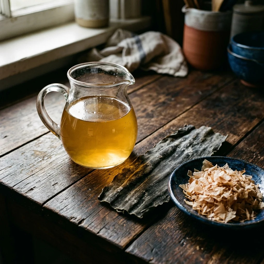 Goldene klare Dashi-Brühe in einem Glaskaraffe, daneben ein Stück Kombu und ein paar Bonitoflocken.