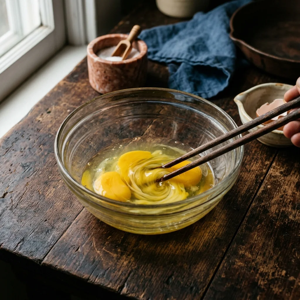 Eier werden mit Stäbchen sanft in einer Glasschüssel verquirlt, keine Bläschen sichtbar.