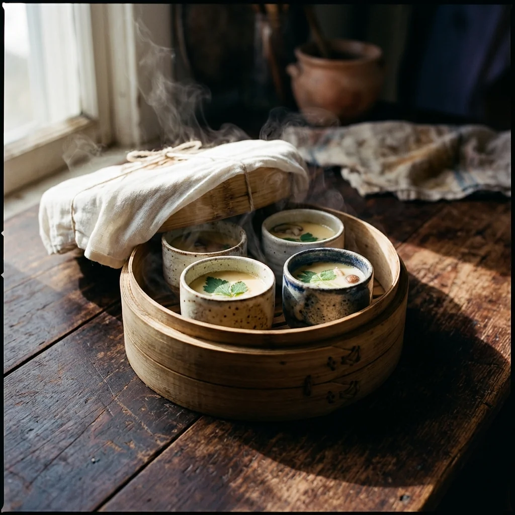 Vier Chawanmushi-Tassen dämpfen in einem Bambus-Dampfgarer, der Deckel ist mit einem weißen Tuch umwickelt.