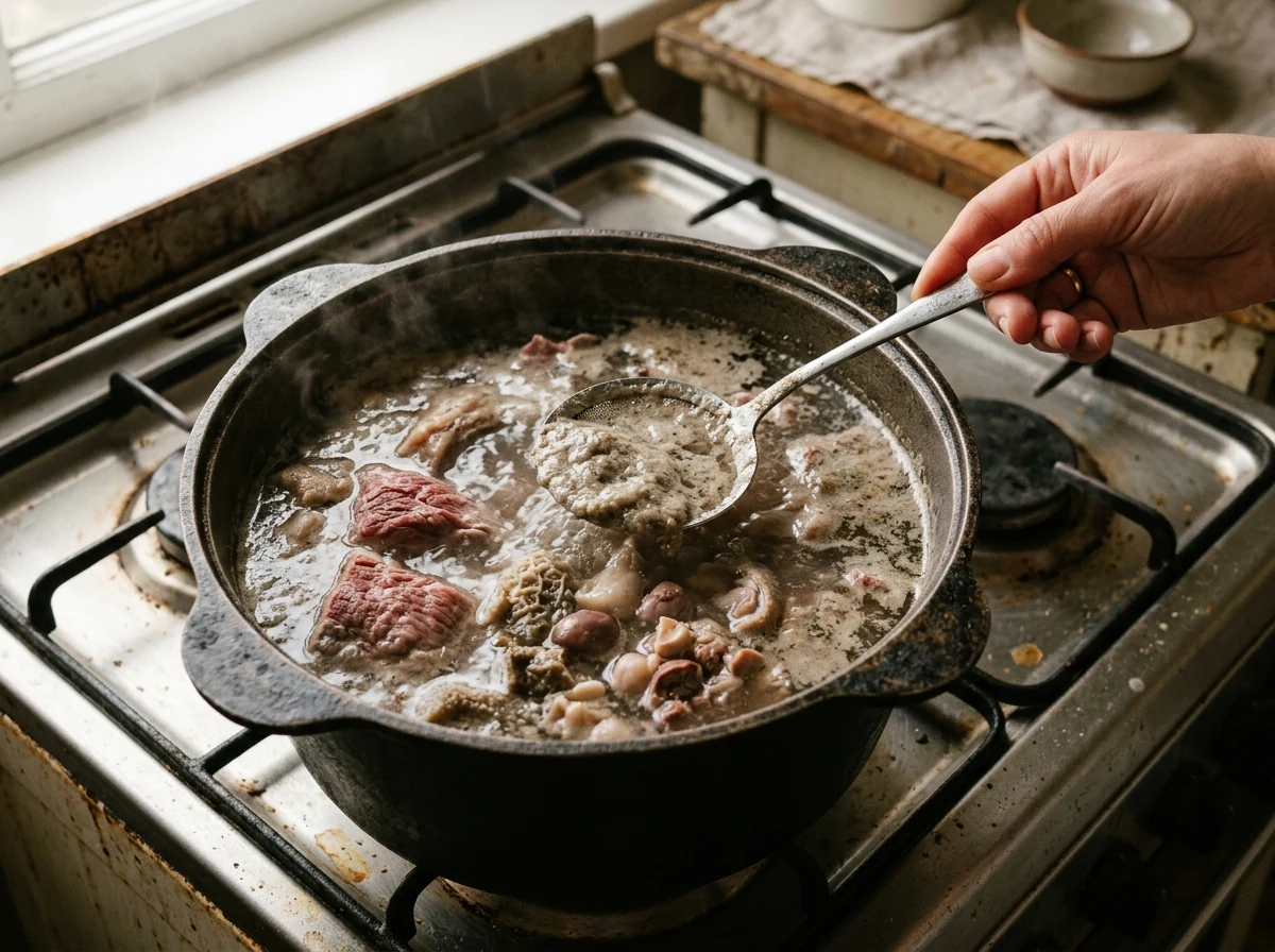 Rinderbrust und Innereien blanchieren in kochendem Wasser, Schaum steigt auf.