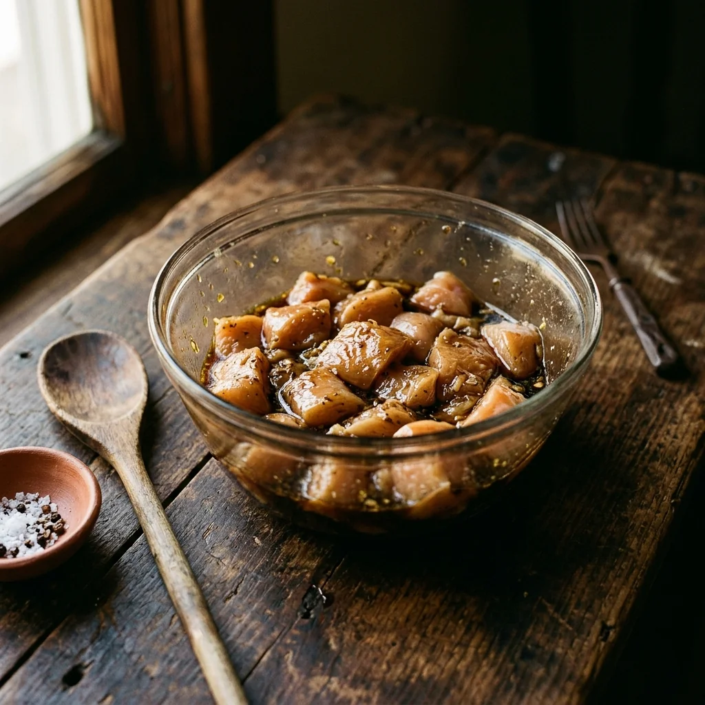 Hähnchenwürfel in einer Glasschüssel mit dunkler Marinade, leicht glänzend von der Stärke.