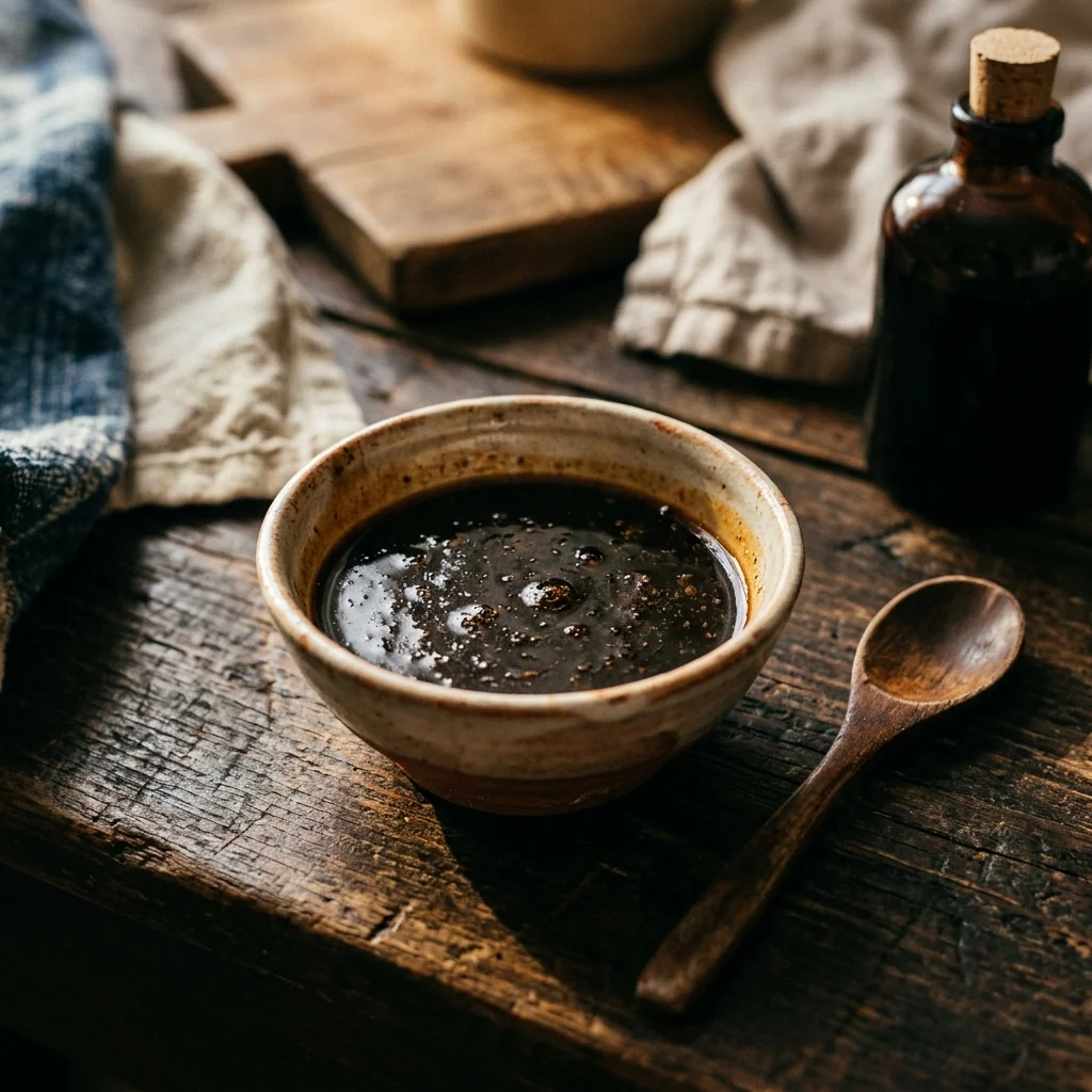 Glatt gerührte dunkle Soße in einer Keramikschale mit Sojasauce, Chinkiang und Zucker.