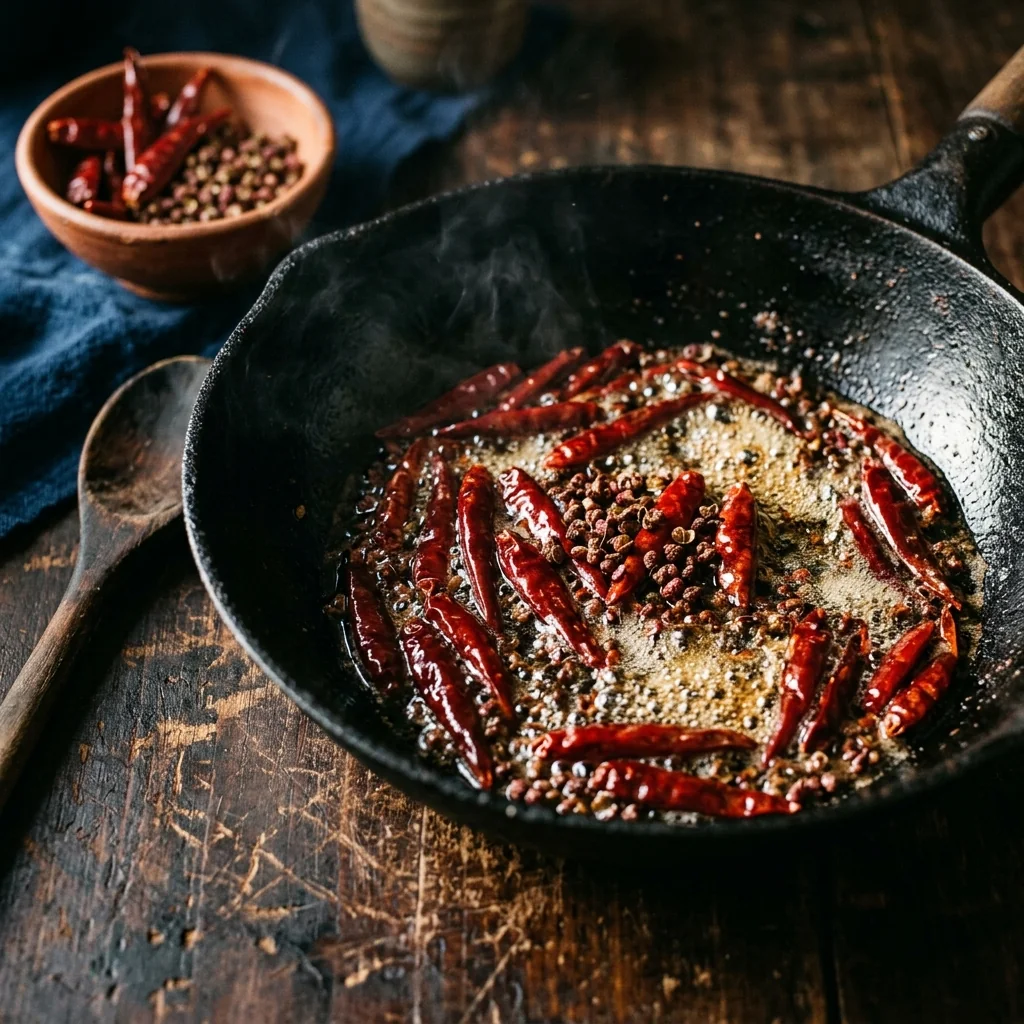 Getrocknete rote Chinesische Chilis und Sichuan-Pfeffer rösten in heißem Öl, beginnen dunkler zu werden.