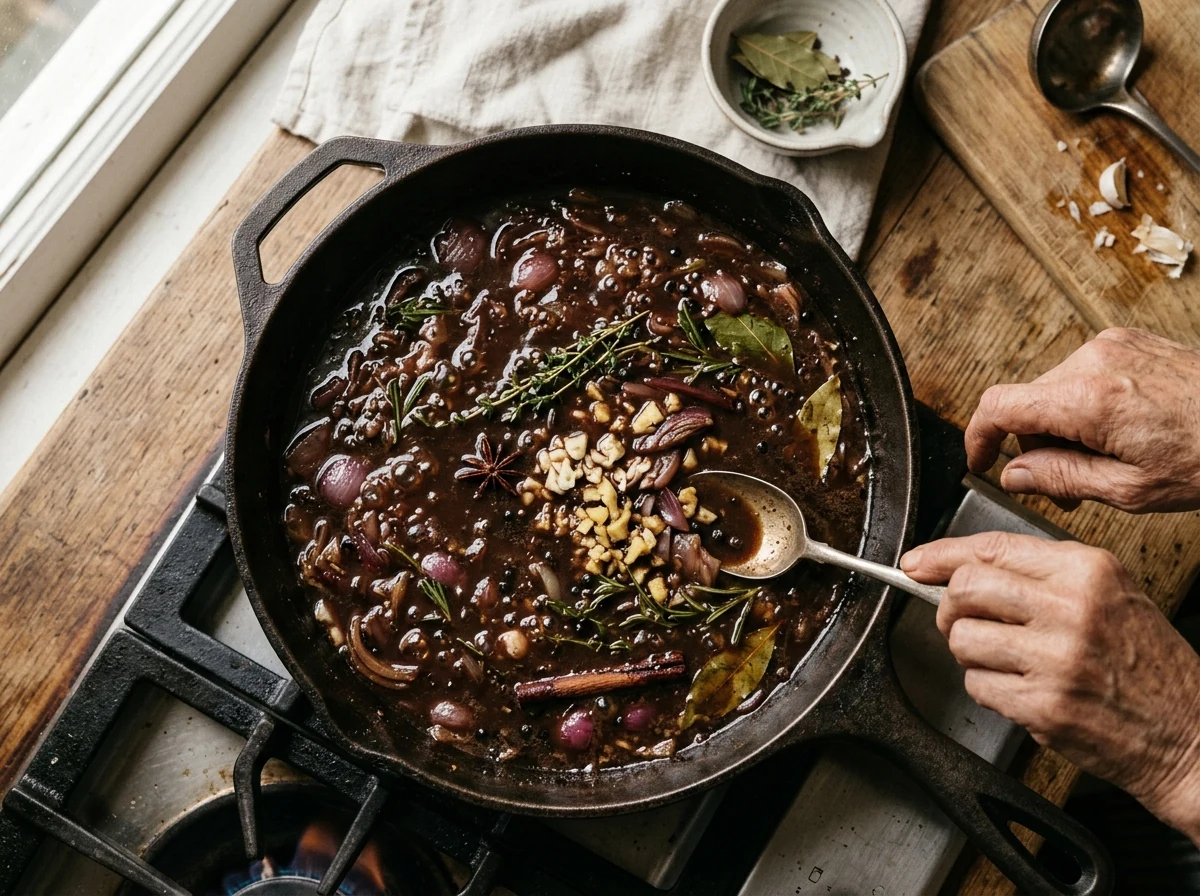 Tiefe Mahagoni-Sauce in einer Pfanne mit allen Aromaten, sanft simmernd.