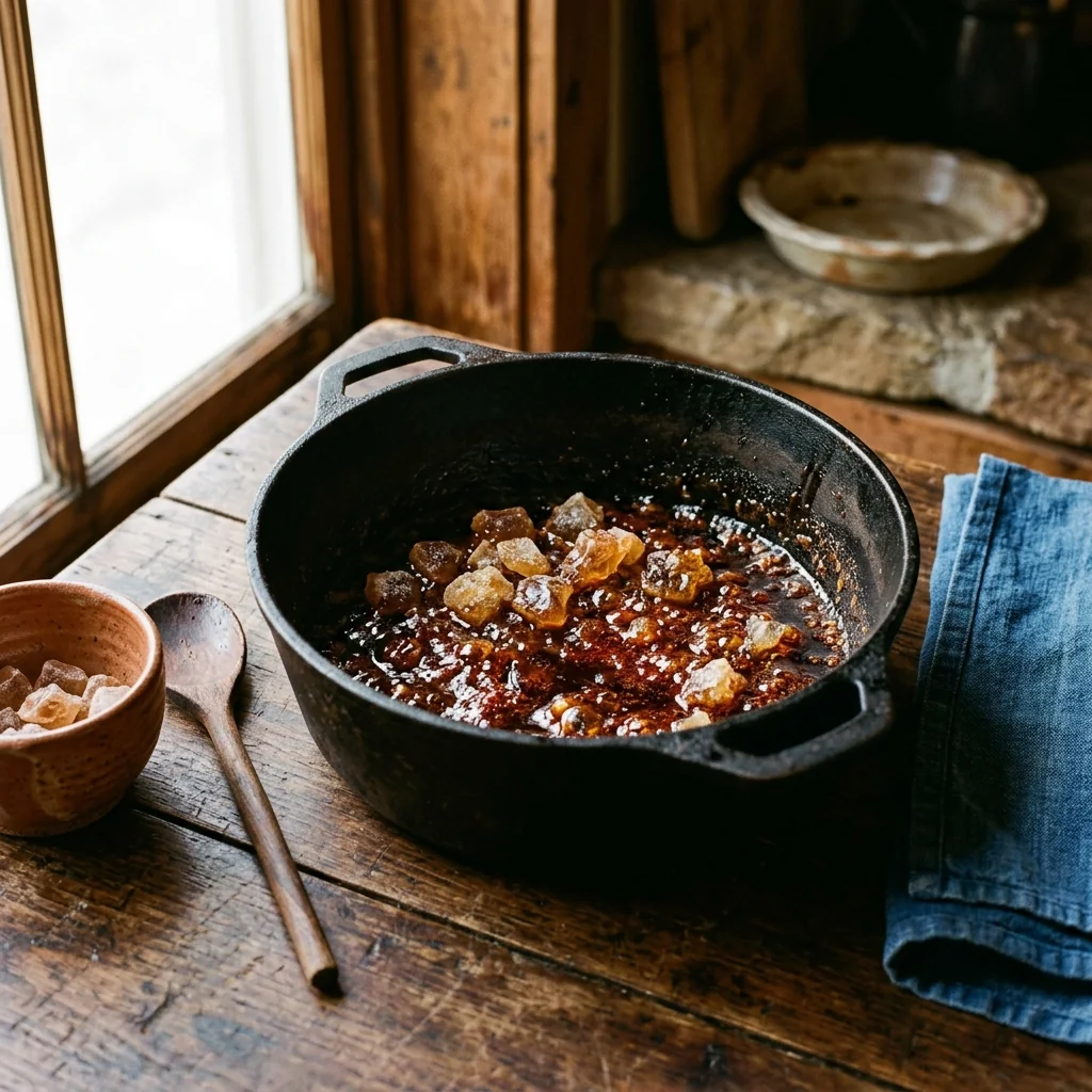 Rock Sugar karamellisiert in einem schweren schwarzen Topf, fast bernsteinfarbene Schmelze.