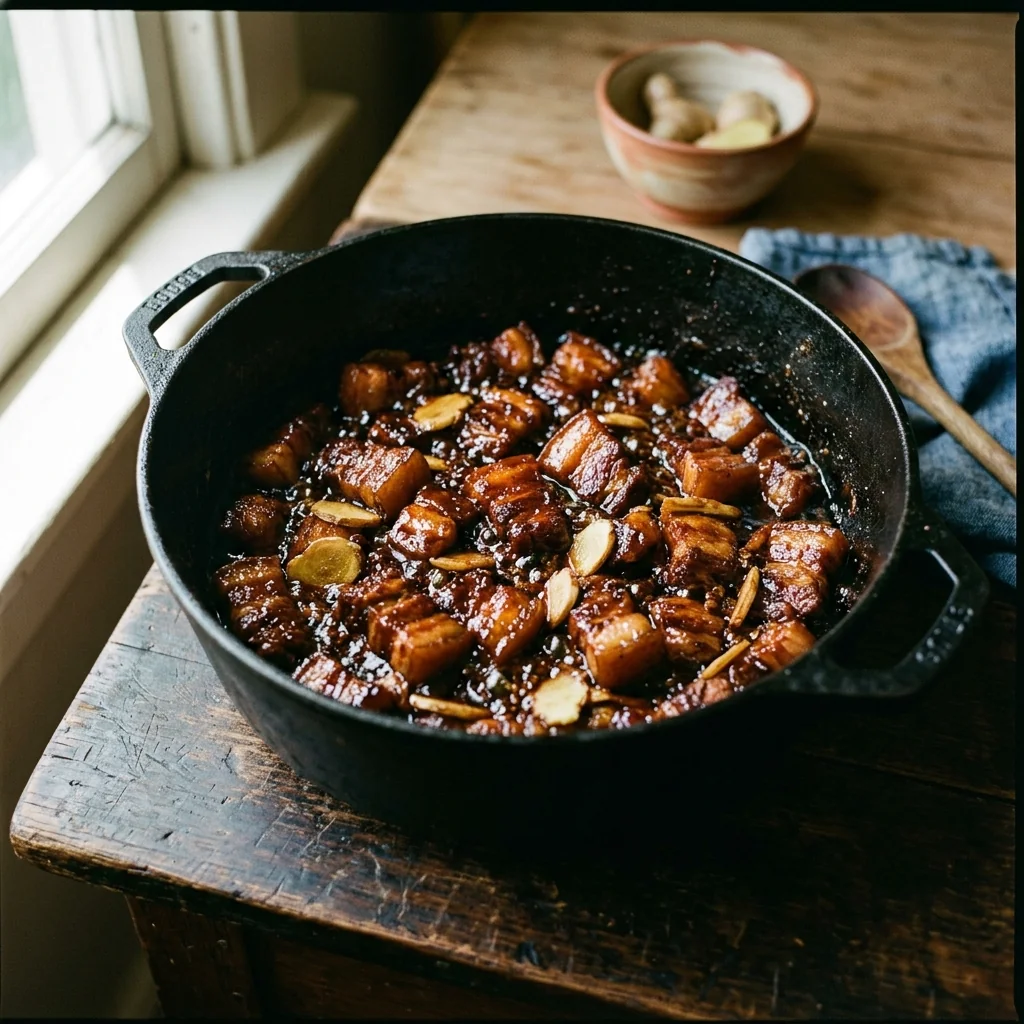 Schweinebauchwürfel rösten in karamellisiertem Zucker, tiefdunkel-glänzend.