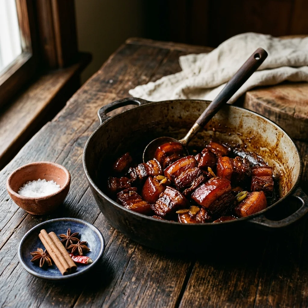 Hong Shao Rou im Endstadium, die Soße ist sirupartig reduziert, die Schweinebauchwürfel glänzen tief mahagoni.
