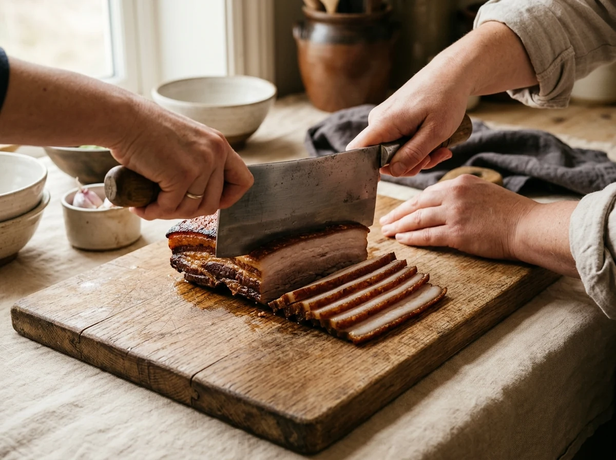 Erkalteter Bauchspeck wird in dünne Scheiben mit Schwarte, Fett und Mager geschnitten.