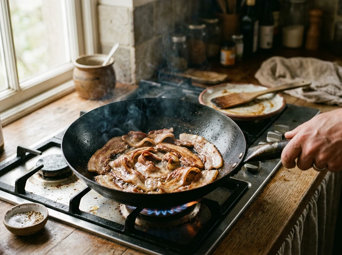 Bauchspeckscheiben rollen sich in der heißen Pfanne auf, Fett tritt aus.