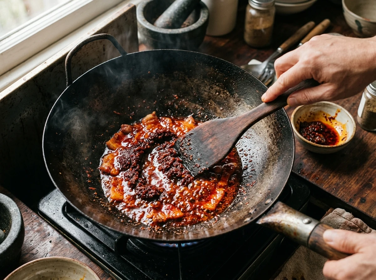 Doubanjiang röstet im Bauchspeck-Fett, das Öl färbt sich tiefrot.