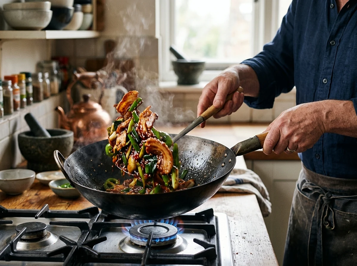 Lauch und Spitzpaprika treffen auf Bauchspeck und Doubanjiang-Glasur, der Wok wird ein letztes Mal geschwenkt.