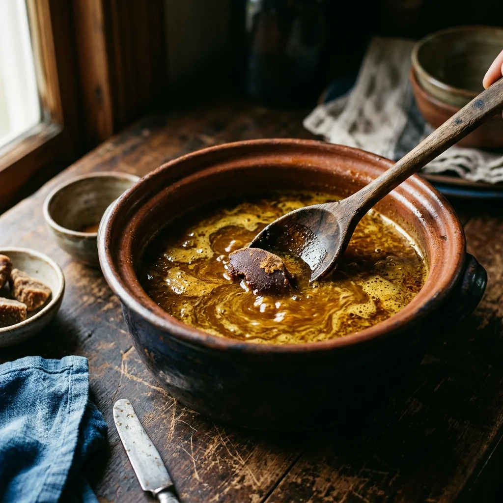 Goldenes Khao Soi Curry mit Hähnchenschenkeln, Palmzucker wird eingerührt, Schaumkrone an der Oberfläche.
