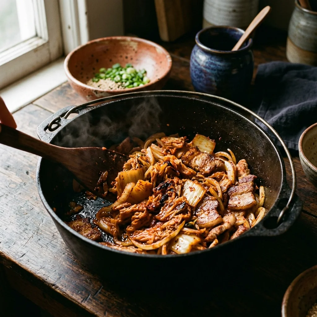 Saures Kimchi brät zusammen mit Schweinebauch und Zwiebelstreifen, beginnt zu karamellisieren.