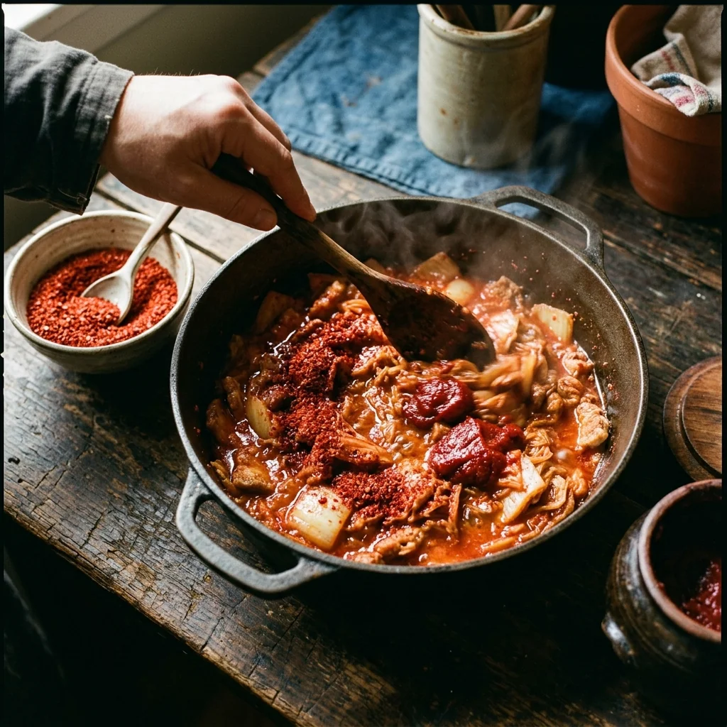 Gochugaru und Gochujang werden in das Pfannenfett gerührt, intensives Rot, leichter Dampf.