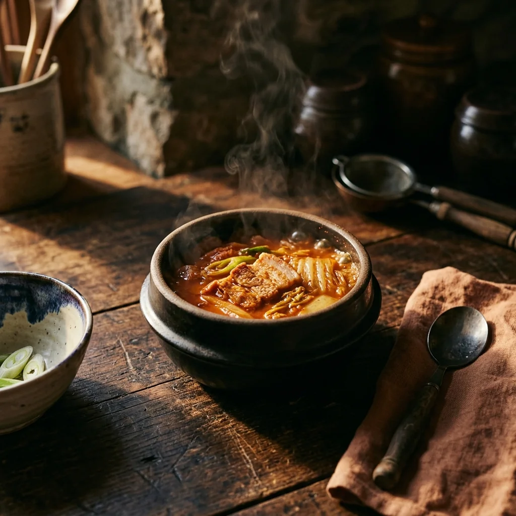 Tiefrote Kimchi-Jjigae-Brühe köchelt sanft im schwarzen Steintopf, Schweinebauch sichtbar.