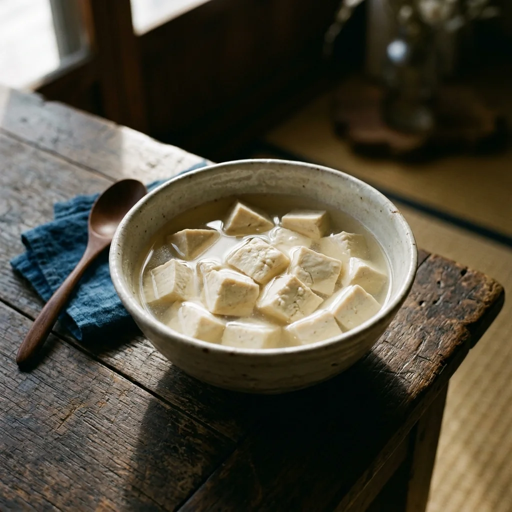 Tofuwürfel ziehen in einer Schale mit warmem Salzwasser.
