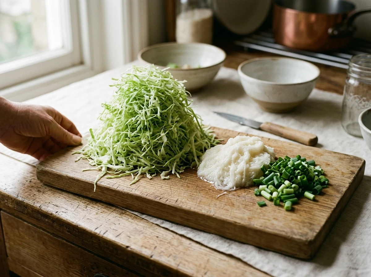 Fein gehackter Spitzkohl, geraffelter Yamaimo und Frühlingszwiebeln auf einem Holzbrett.