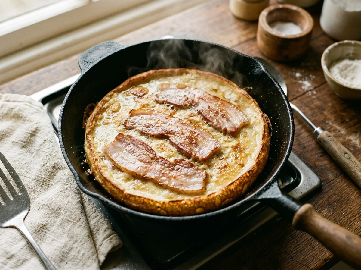 Runder Pancake in der Pfanne, drei Schweinebauchscheiben auf der Oberseite.