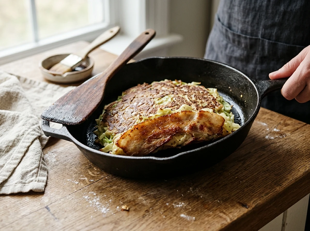 Gewendeter Pancake mit knusprig bratendem Schweinebauch unten.