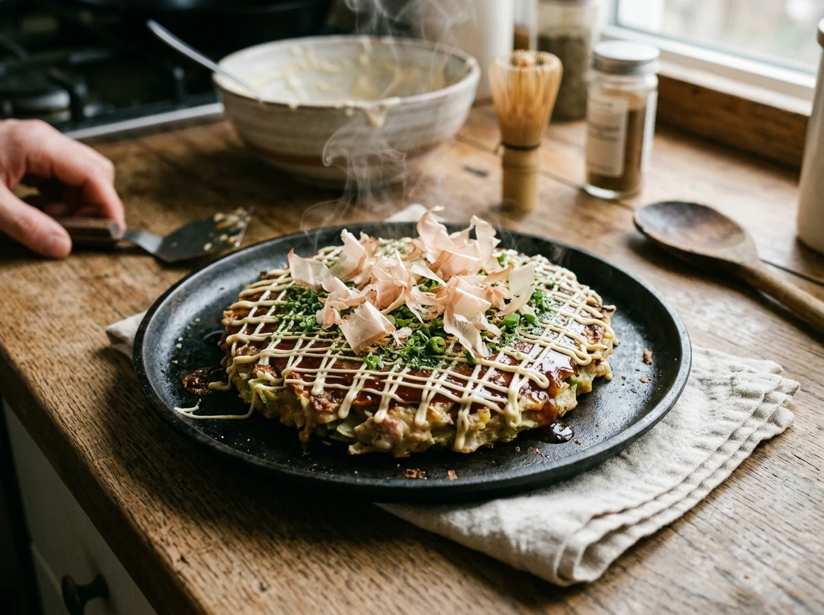 Katsuobushi-Flocken wogen auf dem heißen Pancake im aufsteigenden Dampf.