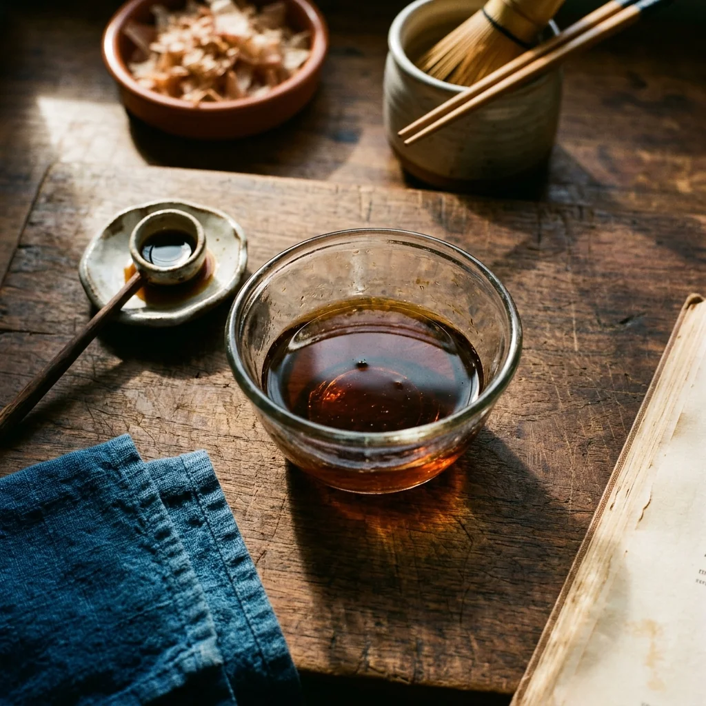 Eine kleine Glasschüssel mit bernsteinfarbener Tare aus Sojasauce, Mirin und Sake.