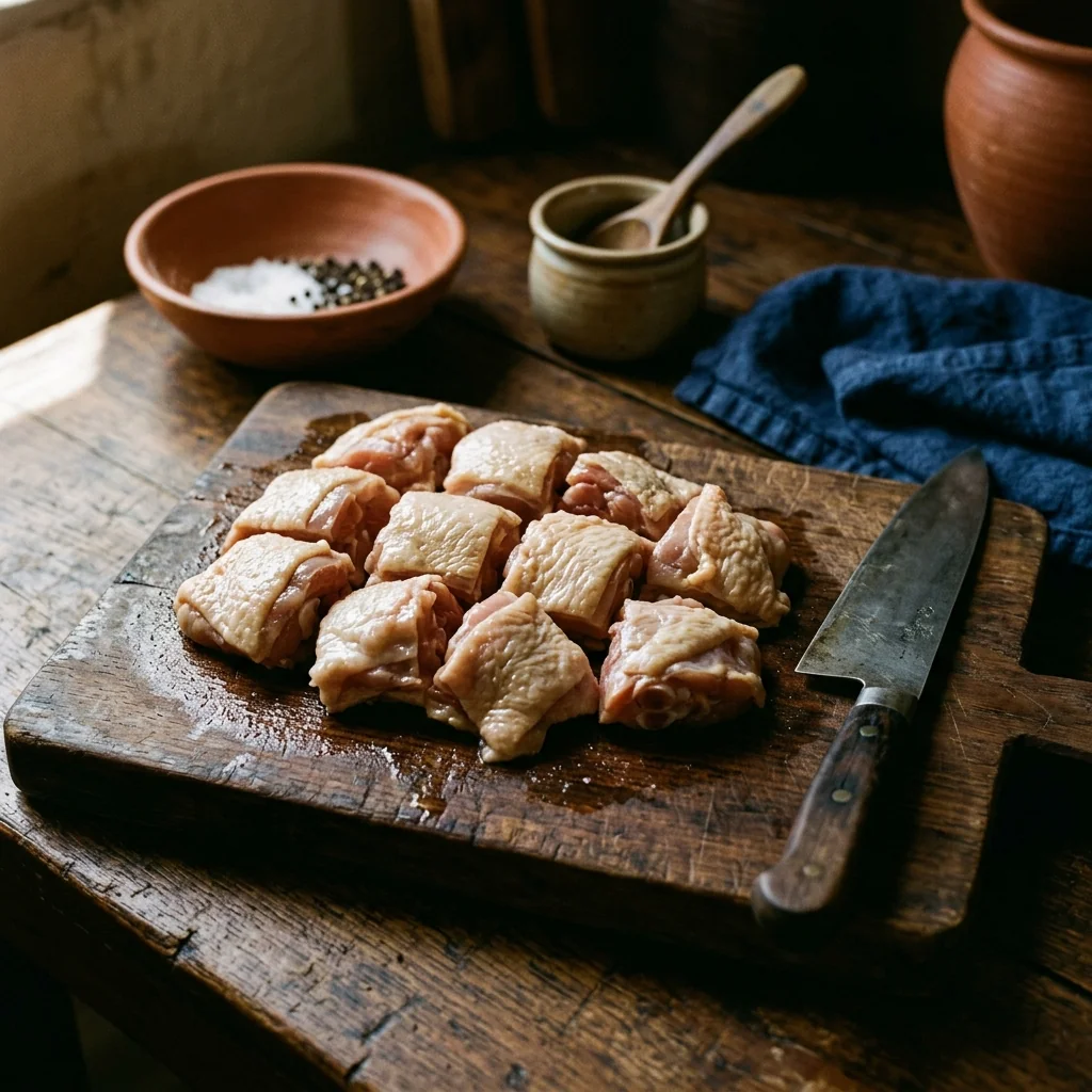 Hähnchenschenkelwürfel mit Haut auf einem Holzbrett, daneben ein scharfes Messer.