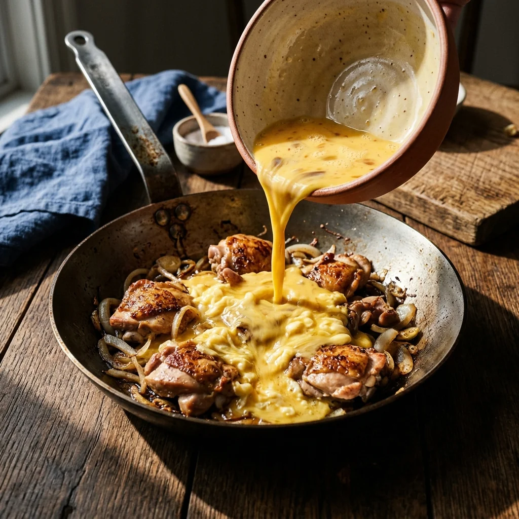 Eimasse fließt über köchelndes Hähnchen und Zwiebeln in der Tare, beginnt zu stocken.