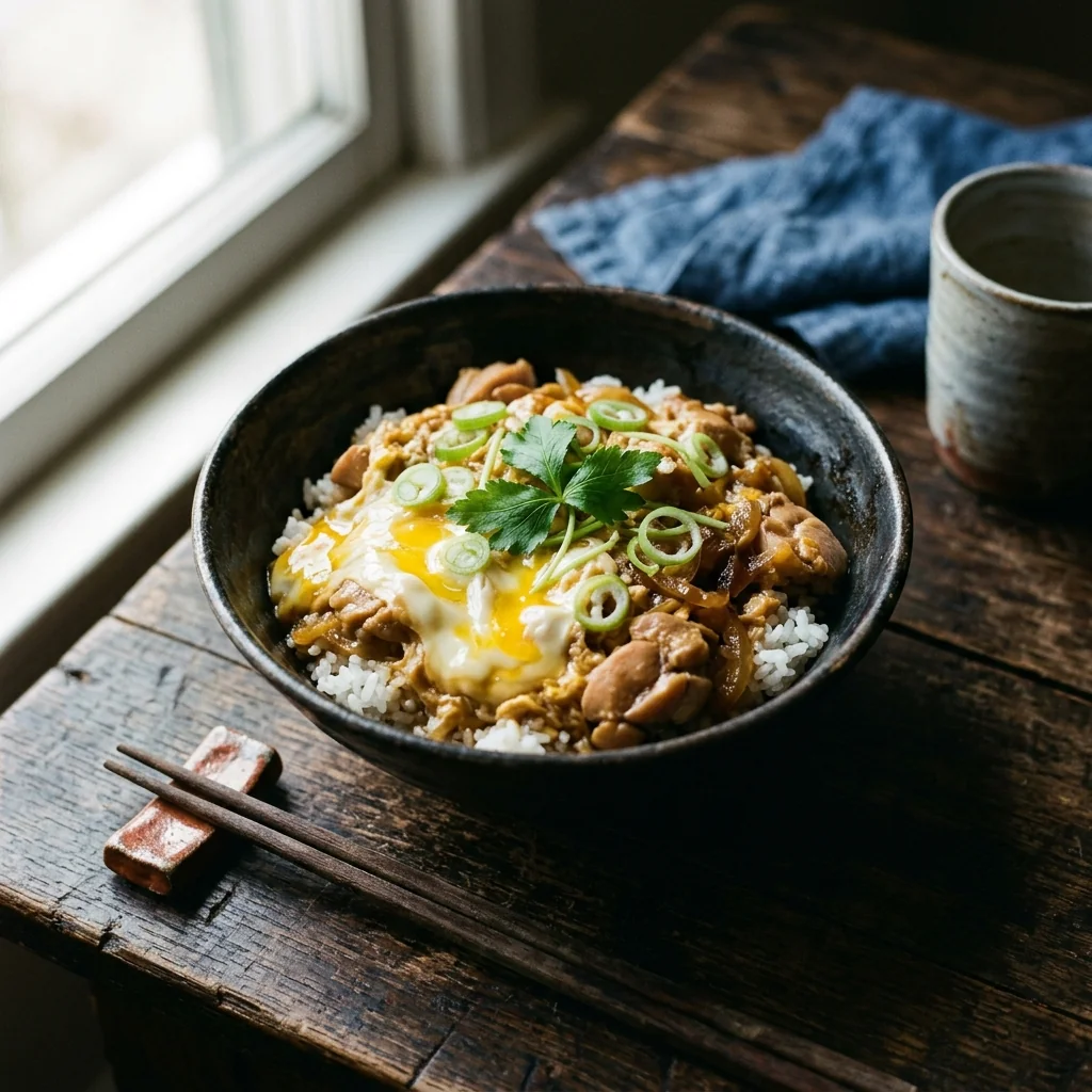 Fertiges Oyakodon — halb gestocktes Ei mit Hähnchen über Reis, Frühlingszwiebel und Mitsuba obenauf.