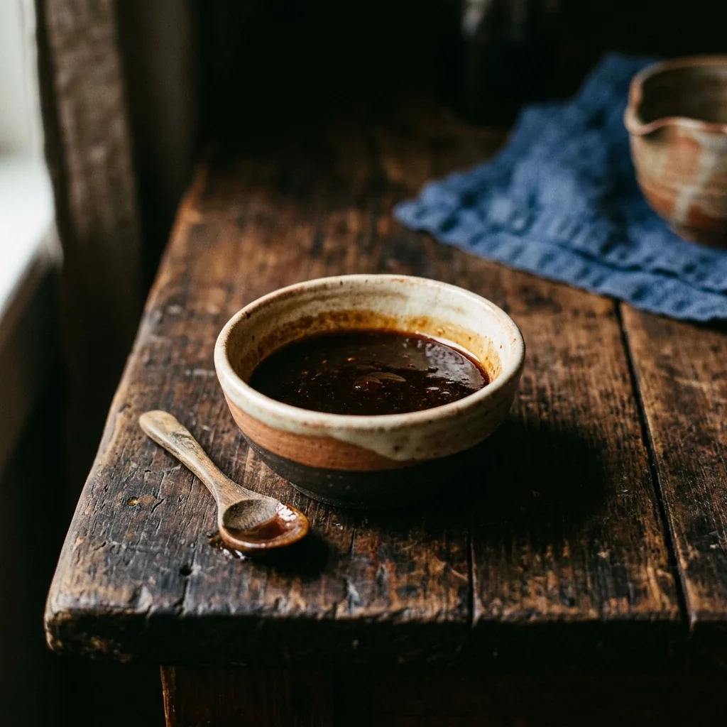 Eine kleine Keramikschale mit dunkelbrauner Sauce, daneben ein Löffel.