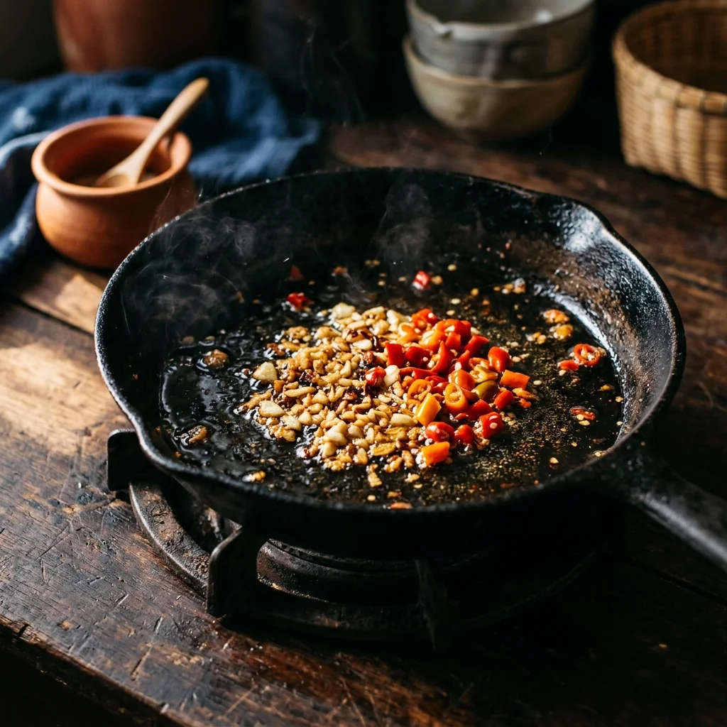 Knoblauch und Chilis brutzeln in der Pfanne, gerade golden, viel Dampf.