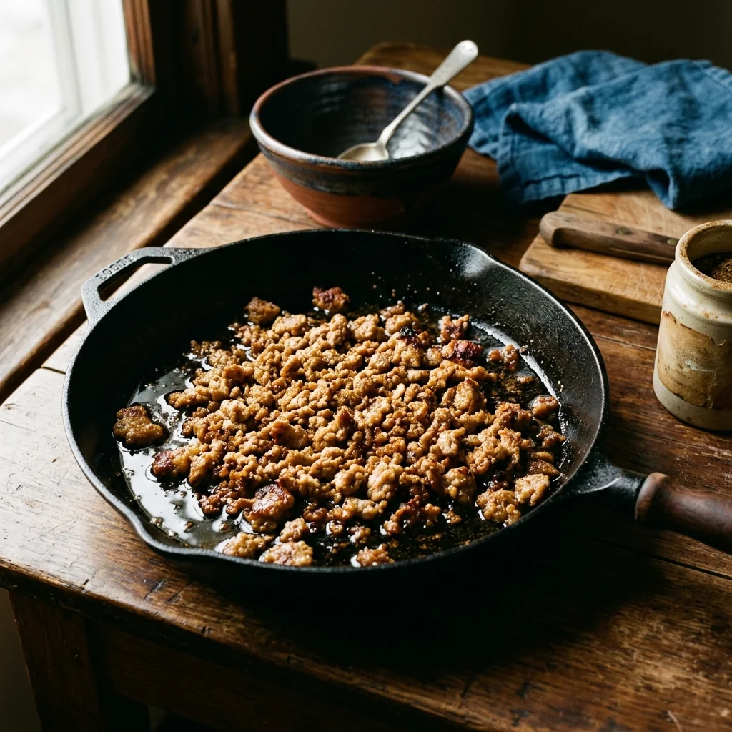 Schweinehack bräunt scharf in der Pfanne, das Fett ist klar ausgetreten.