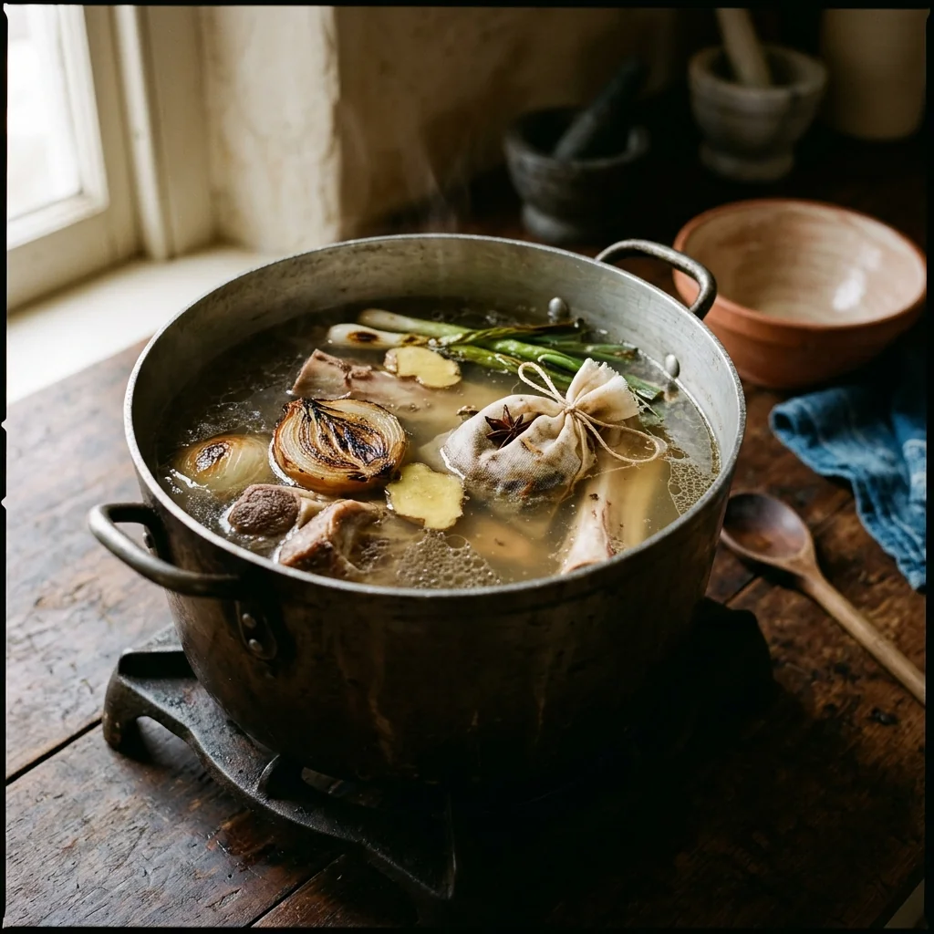 Klare goldene Pho-Brühe simmert in einem großen Topf mit Knochen, Zwiebeln, Ingwer und einem Säckchen Pho-Gewürze.