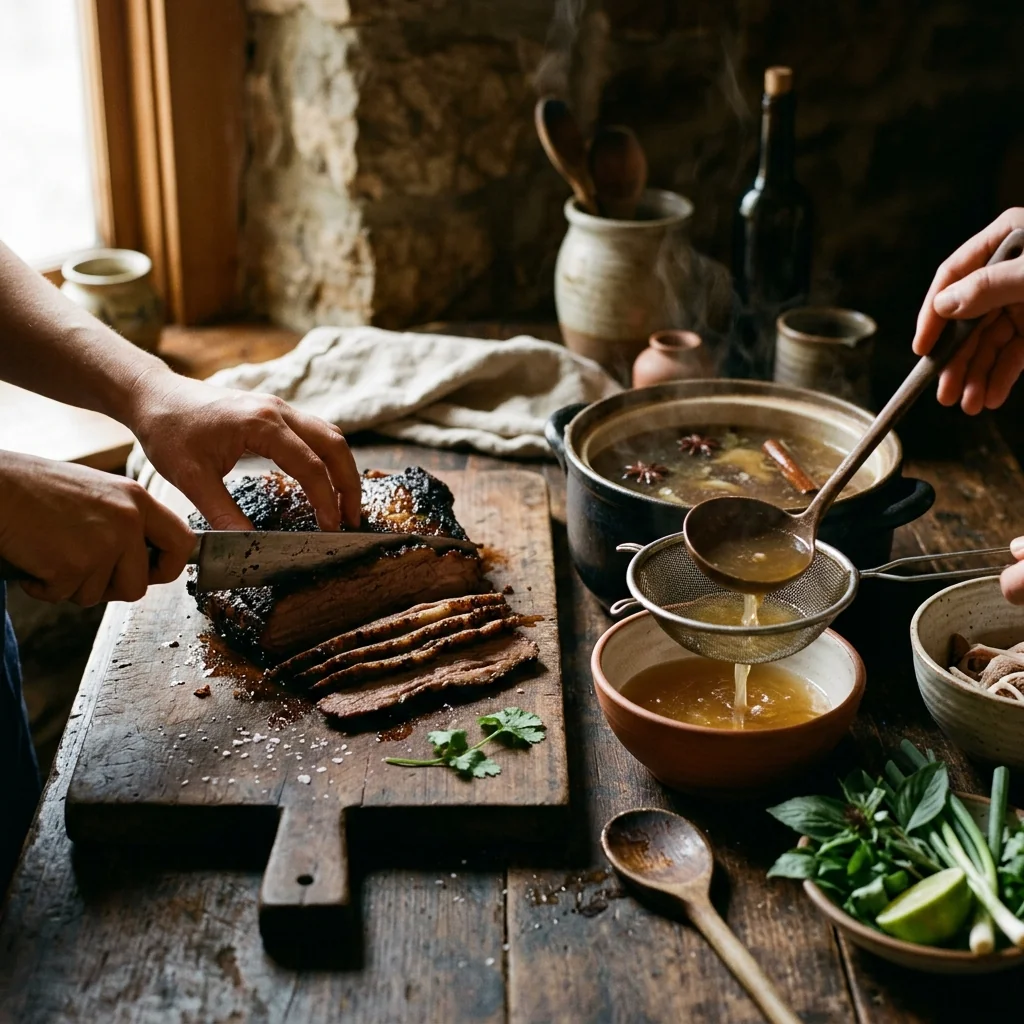 Rinderbrust wird gegen die Faser in dünne Scheiben geschnitten, daneben ein Topf klarer goldener Pho-Brühe.