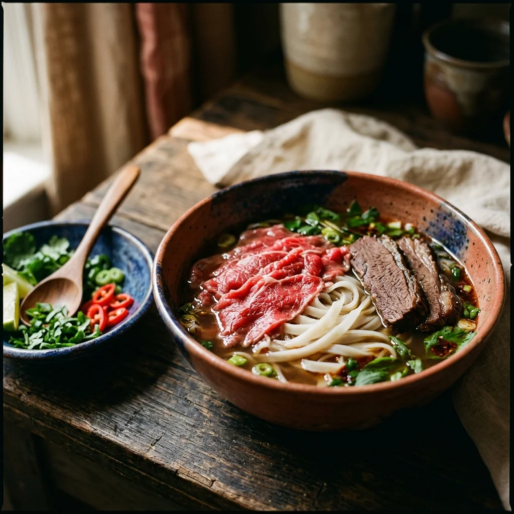 Hauchdünn geschnittenes rohes Rinderfilet auf Reisbandnudeln in einer tiefen Schale, daneben gegarte Rinderbrust-Scheiben.