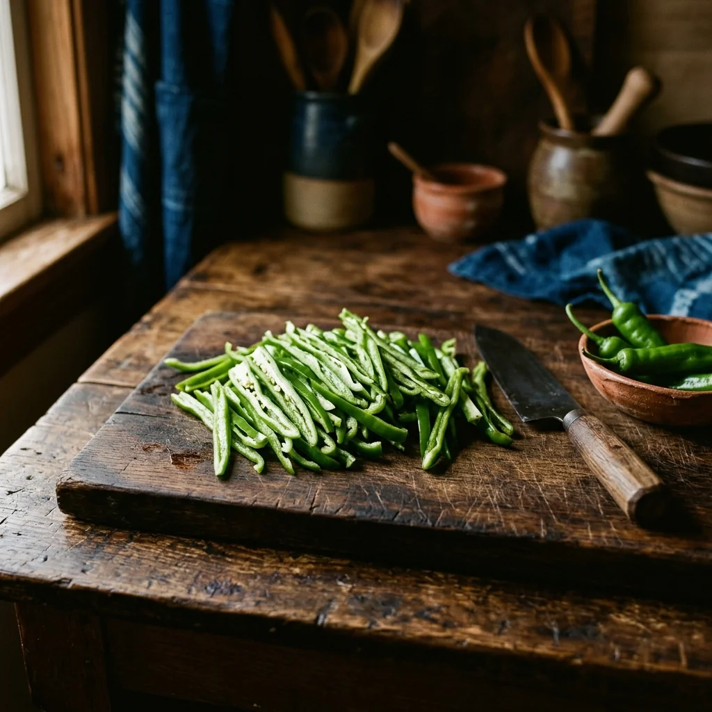 Grüne Spitzpaprika in dünnen Längsstreifen auf einem Holzbrett.