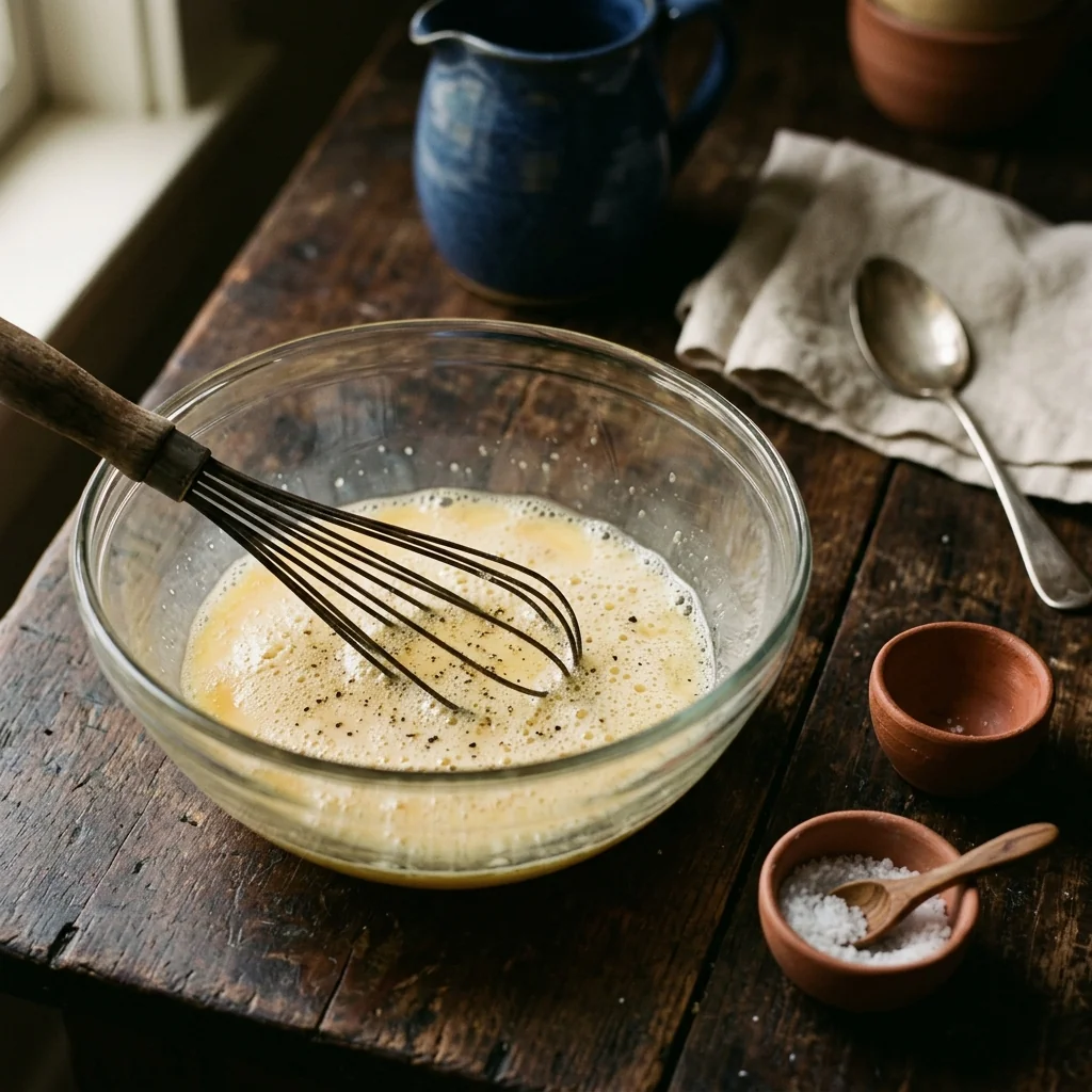 Verquirlte Eier mit weißem Pfeffer in einer Glasschüssel.