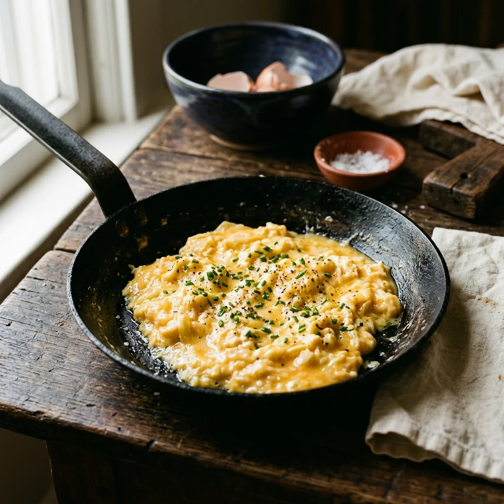 Lockeres weiches Rührei in einer schwarzen Pfanne, gerade nicht durchgegart.