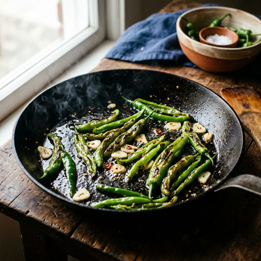 Grüne Paprika-Streifen brutzeln in einer schwarzen Pfanne, Blasenbildung sichtbar.