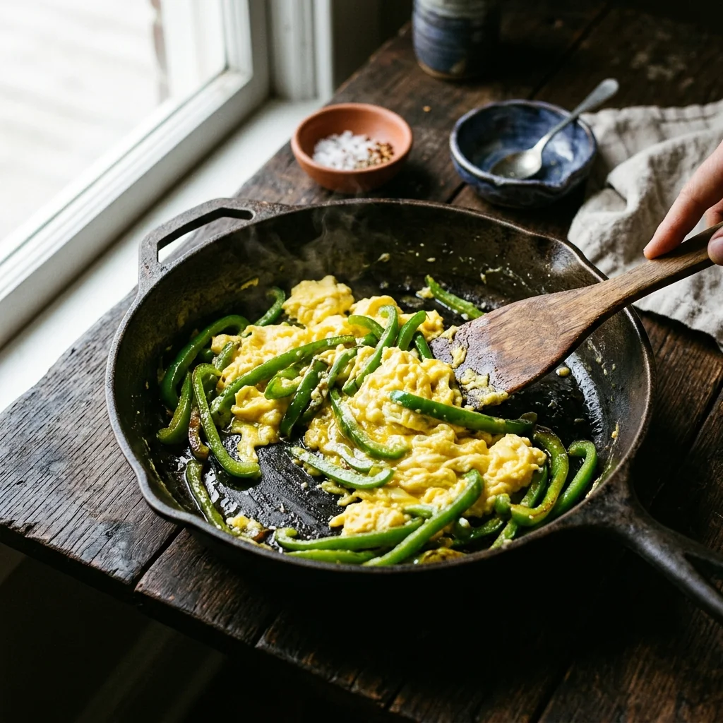 Paprika-Streifen und Rührei werden in der Pfanne vorsichtig vermengt.