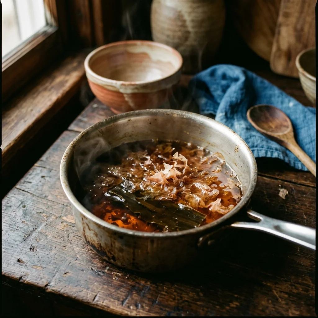 Bernsteinfarbene Tare aus Sojasauce, Mirin, Sake und Bonitoflocken in einem kleinen Edelstahltopf.