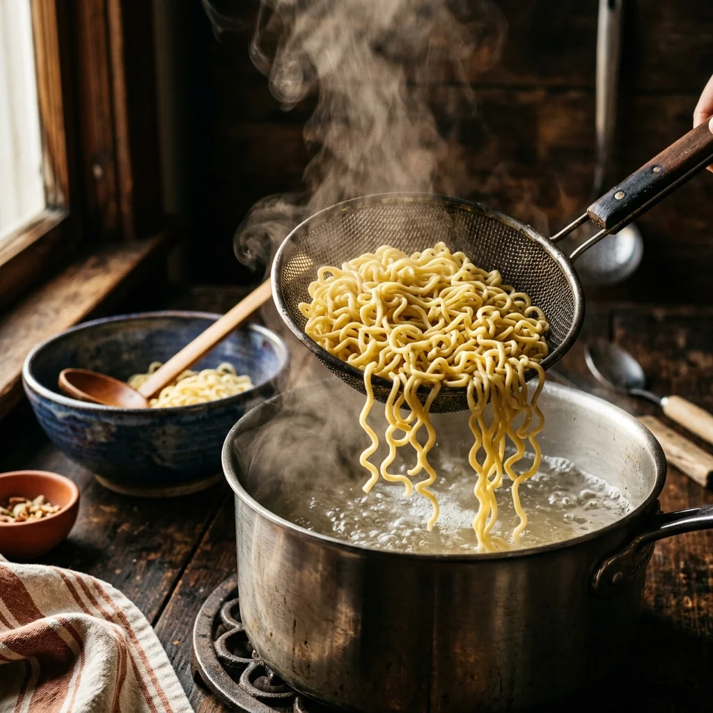 Gewellte Ramen-Nudeln werden aus einem Sieb abgegossen, Dampf steigt auf.