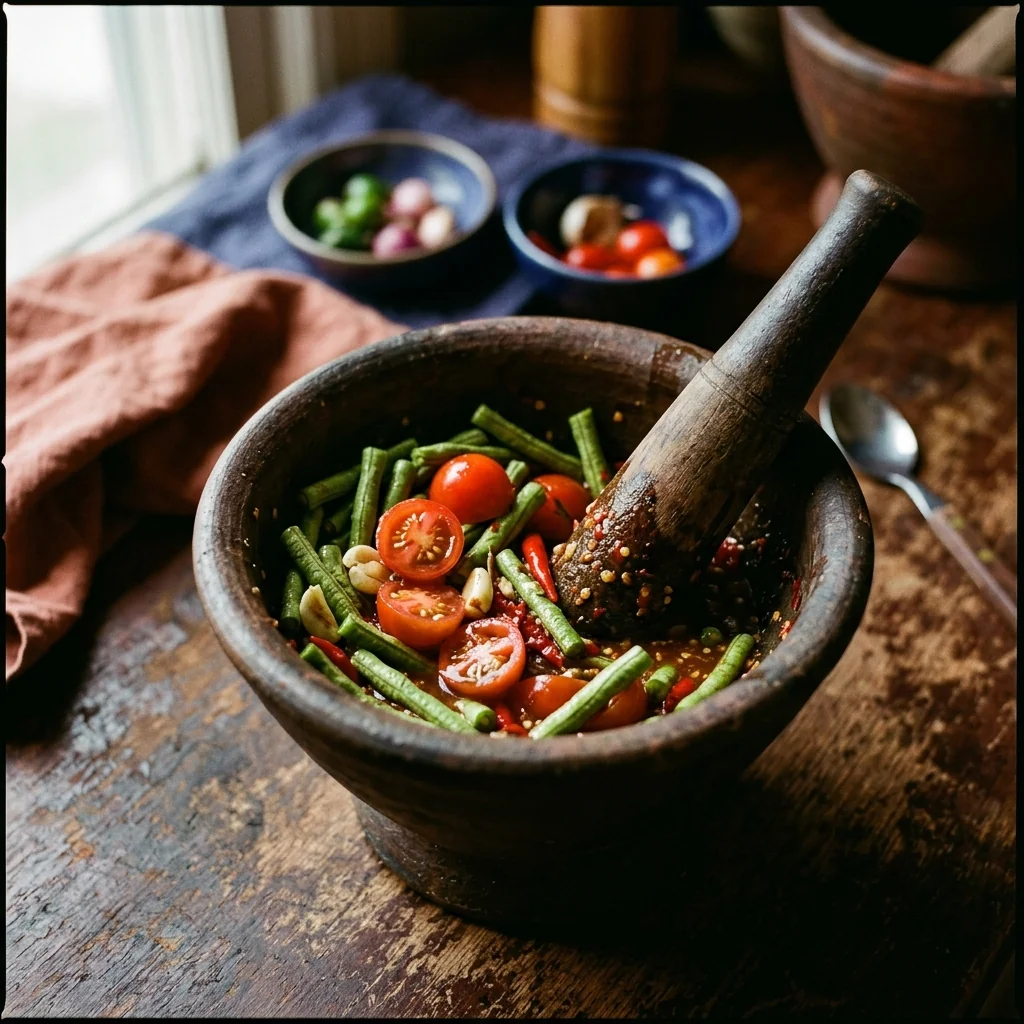 Halbierte Cherrytomaten und lange Bohnenstücke werden im Tonmörser sanft mit Sauce und Knoblauch gepocht.