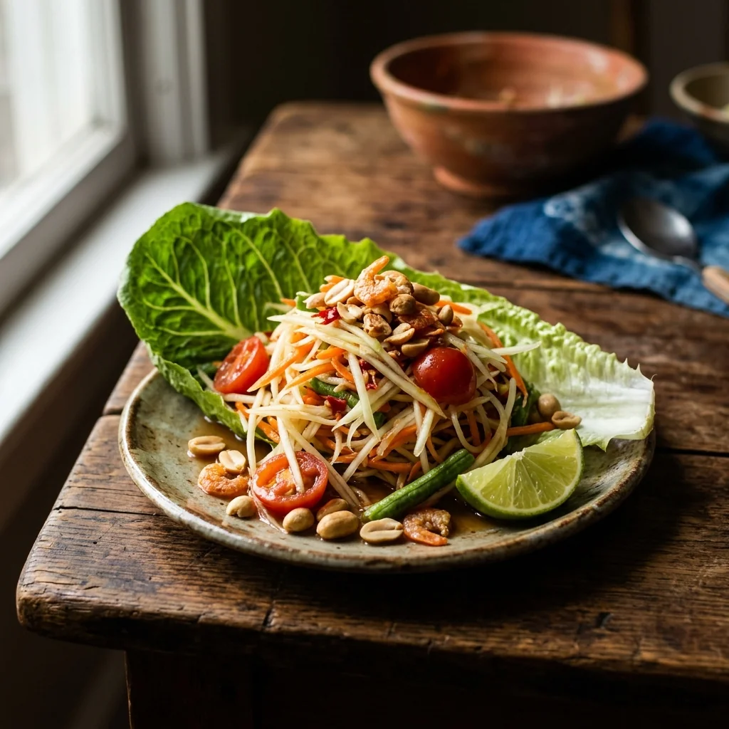 Fertige Som Tam auf knusprigem Salatblatt, mit Erdnüssen, getrockneten Garnelen und einer Limettenschnitze.