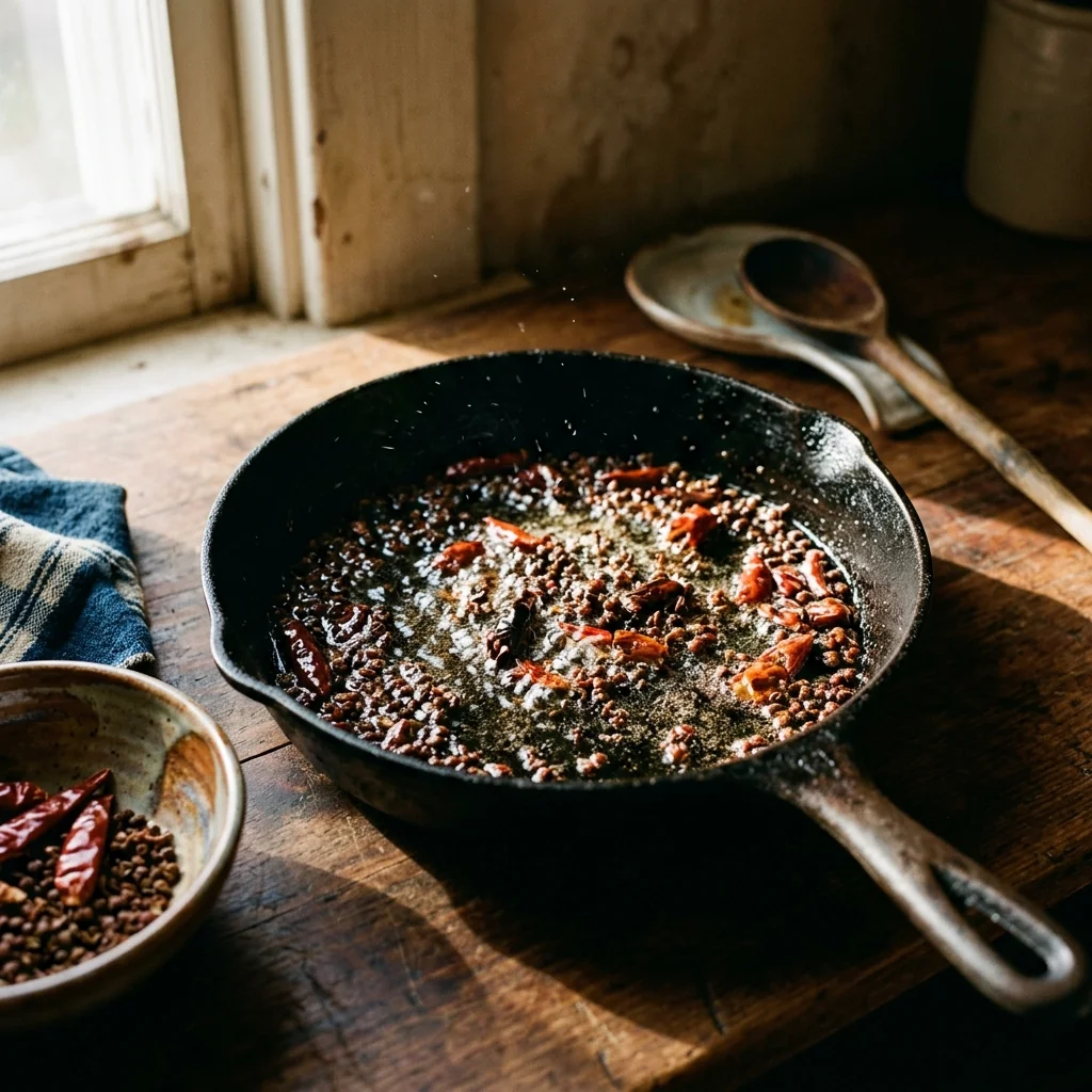 Sichuan-Pfeffer und gebrochene rote Chilis brutzeln in heißem Öl, Knoblauch dazu.